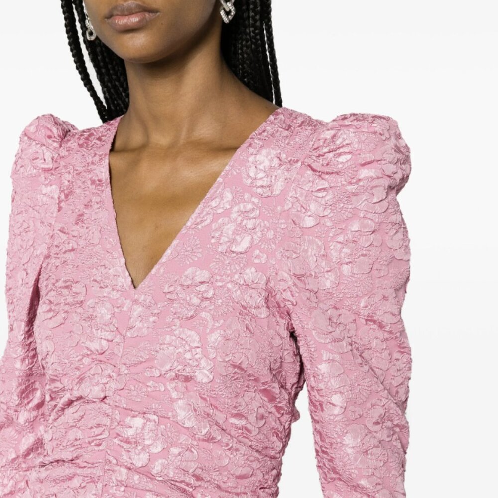 GANNI Pink Floral Jacquard Tonal Long Sleeve Romantic Barbiecore Mini Dress NWT - Picture 5 of 15